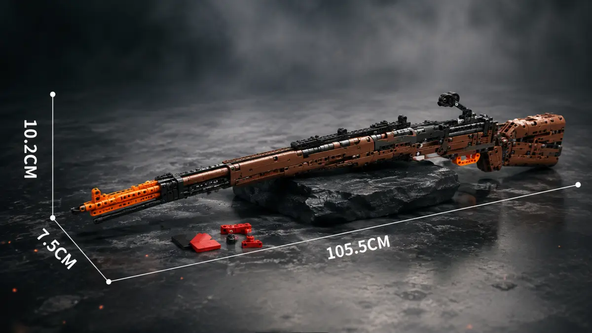 Modelo longo de rifle em blocos sobre uma mesa de madeira em uma composição de oficina