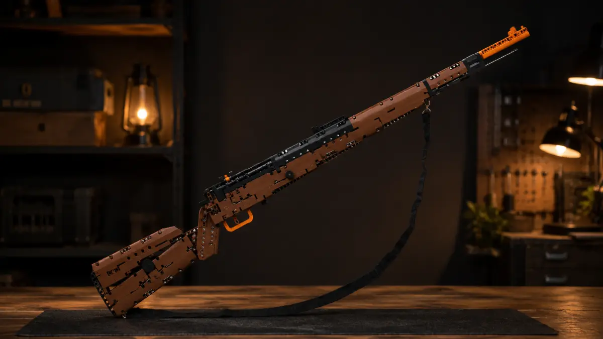 Modelo de rifle em blocos marrom e preto sobre uma base de pedra em uma composição escura