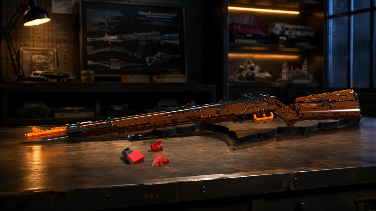 Modelo de rifle em blocos marrom e preto com alça, posicionado sobre uma mesa de madeira