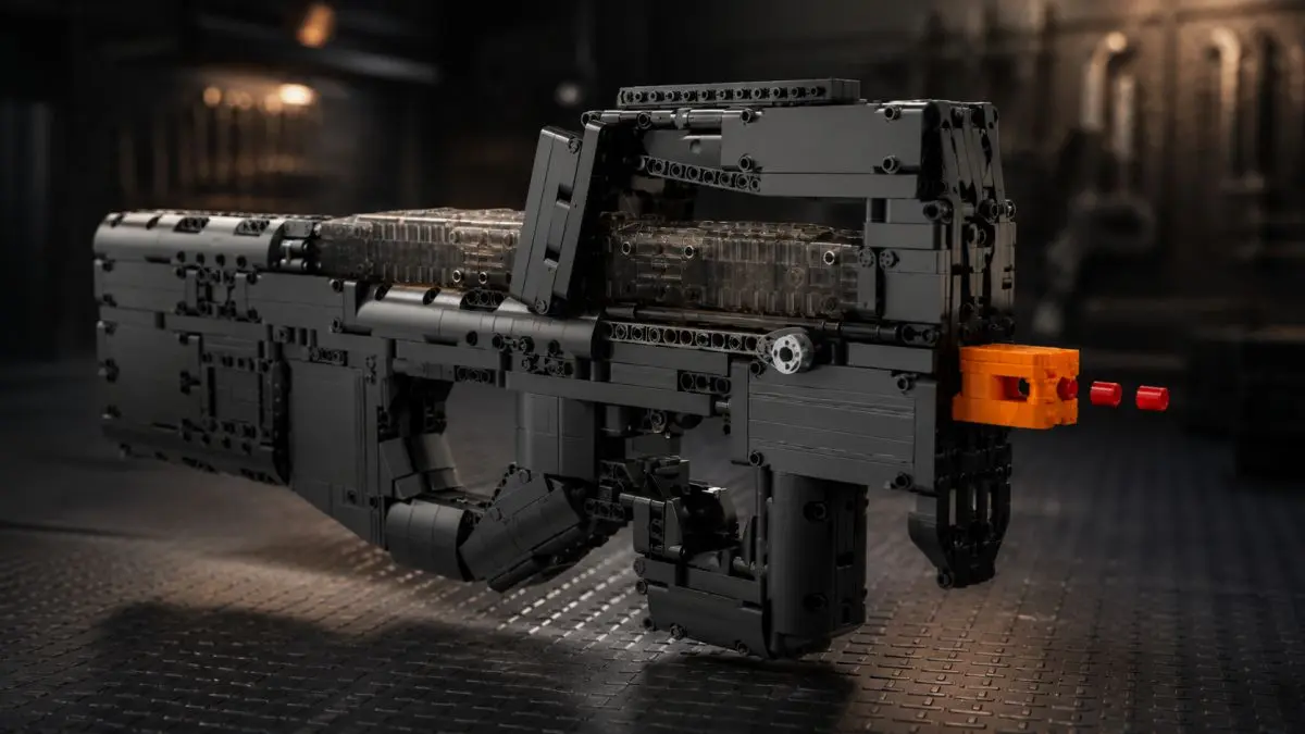 Detail černého modelu samopalu z kostek s oranžovou koncovkou a červenými projektily.