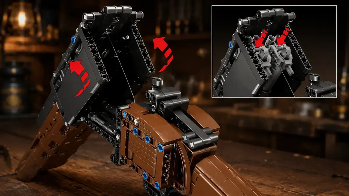 Zbliżenie na mechanizm brązowo-czarnego klockowego modelu strzelby