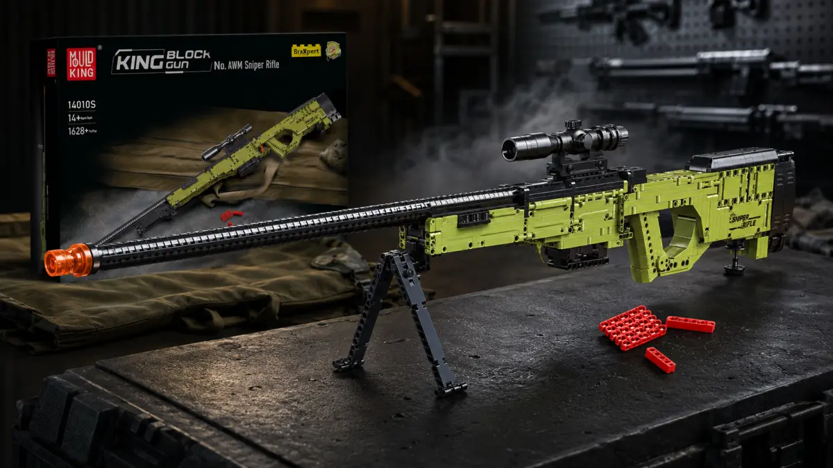 Modelo verde e preto de rifle de precisão em blocos sobre bipé, com luneta e caixa ao fundo.
