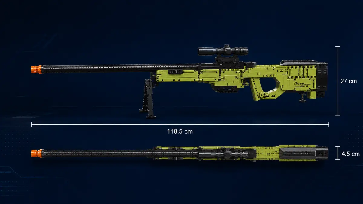 Modelo verde e preto de rifle de precisão em blocos mostrado de lado e de cima.