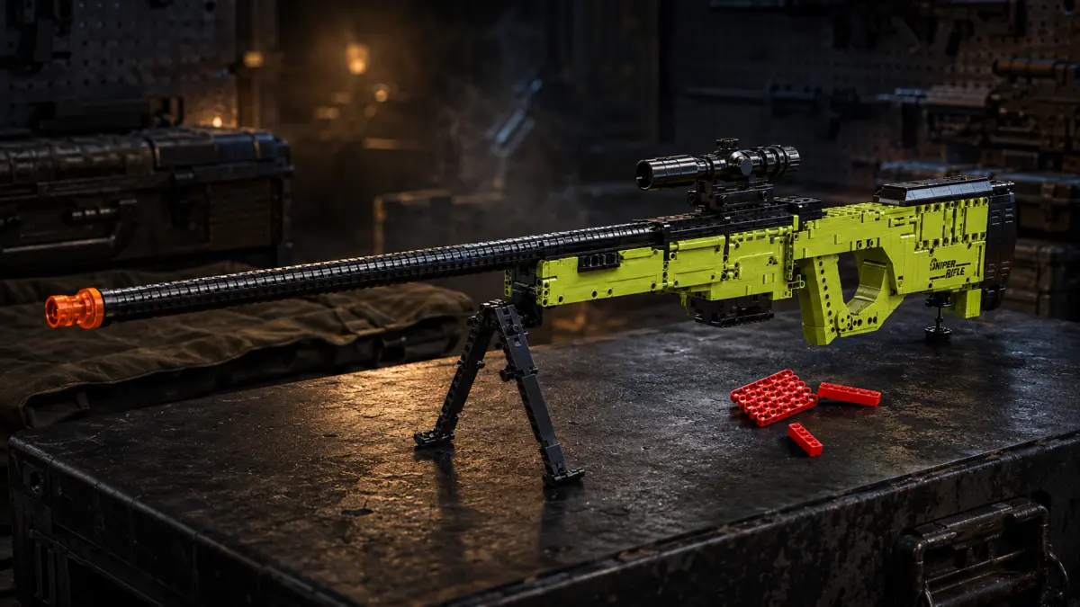 Modelo verde e preto de rifle em blocos sobre uma mesa metálica, com luneta, bipé e elementos vermelhos.