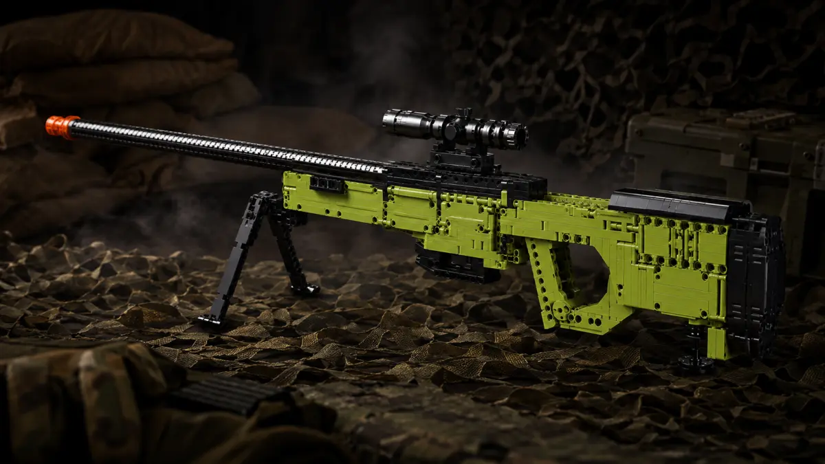 Modelo de rifle de precisão em blocos colocado sobre rede de camuflagem ao lado de caixas e sacos.