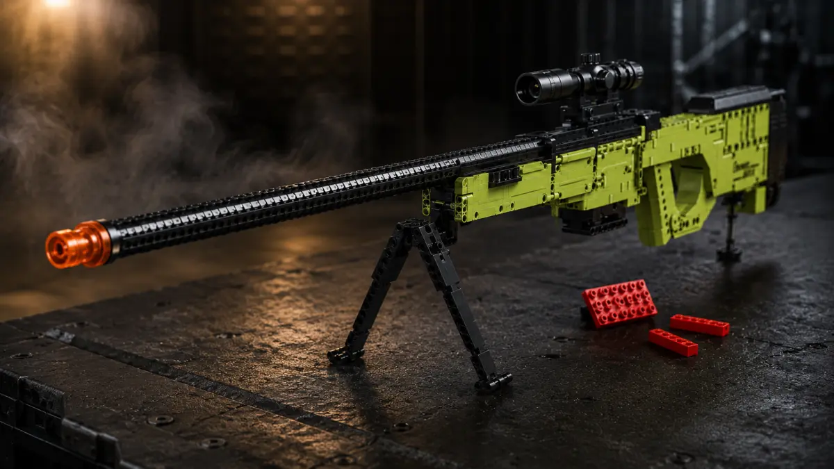 Modelo verde e preto de rifle de precisão em blocos sobre bipé, visto do lado do cano.