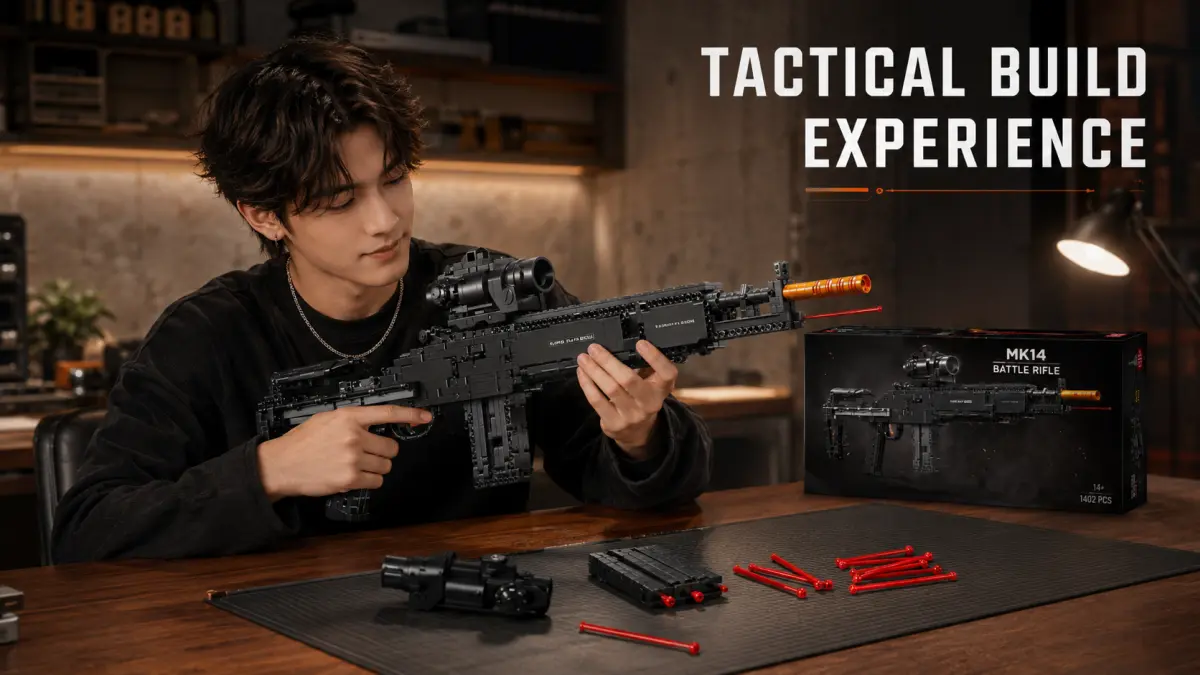 Muž drží černou pušku z kostek MOULD KING MK14 EBR u stolu s příslušenstvím.