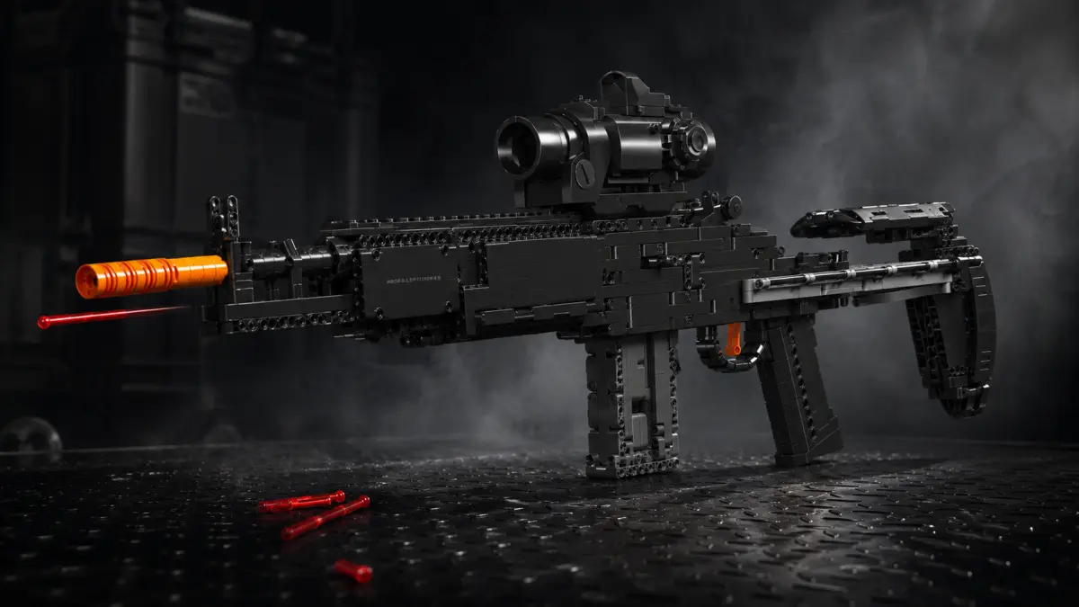Model pušky MOULD KING MK14 EBR se zaměřovačem, skládací pažbou a doplňkovými prvky.