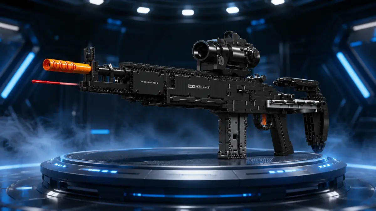 Puška z kostek MOULD KING MK14 EBR prezentovaná na podsvícené platformě.