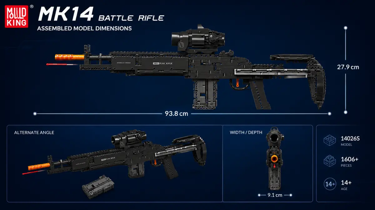 Schéma rozměrů modelu pušky MOULD KING MK14 EBR z kostek.
