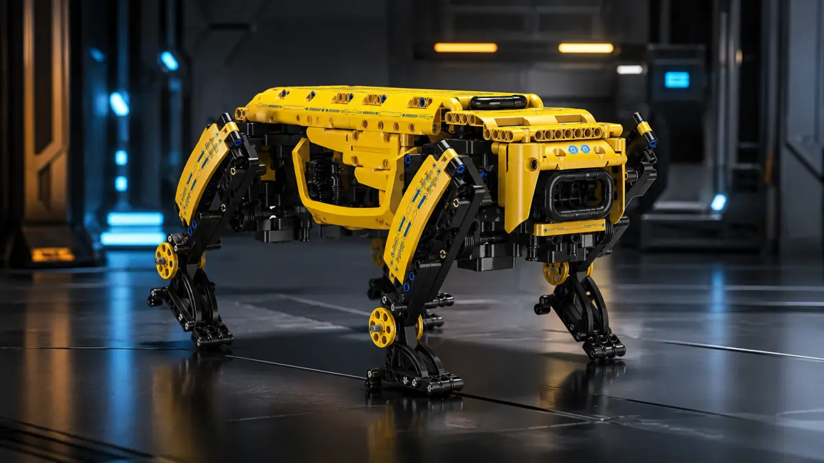 Yellow four-legged brick-built robot standing in a futuristic, illuminated laboratory.