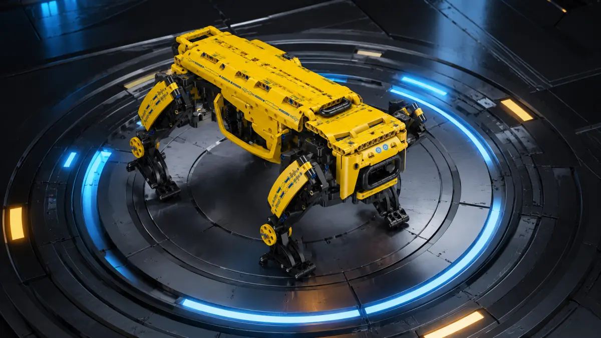 Yellow brick-built robot on a round platform with blue lighting.