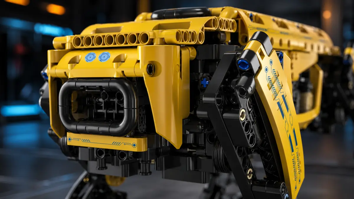 Close-up of the front section of a yellow brick-built robot and its articulated leg.