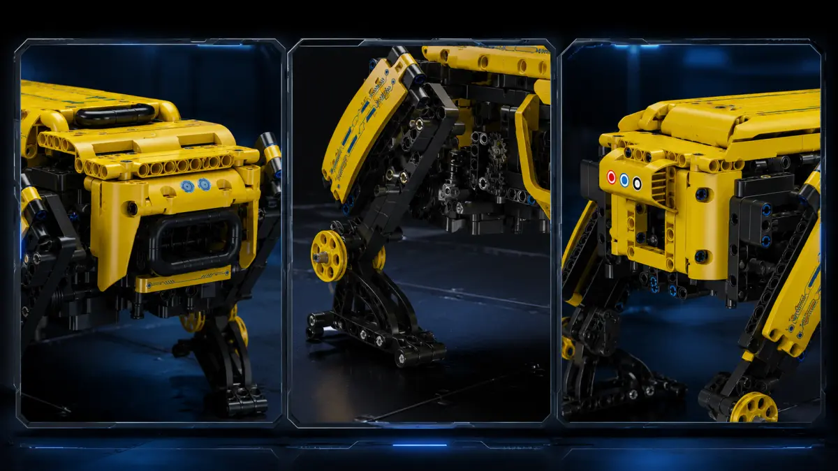 Three close-ups showing the front, leg and rear section of a yellow brick-built robot.