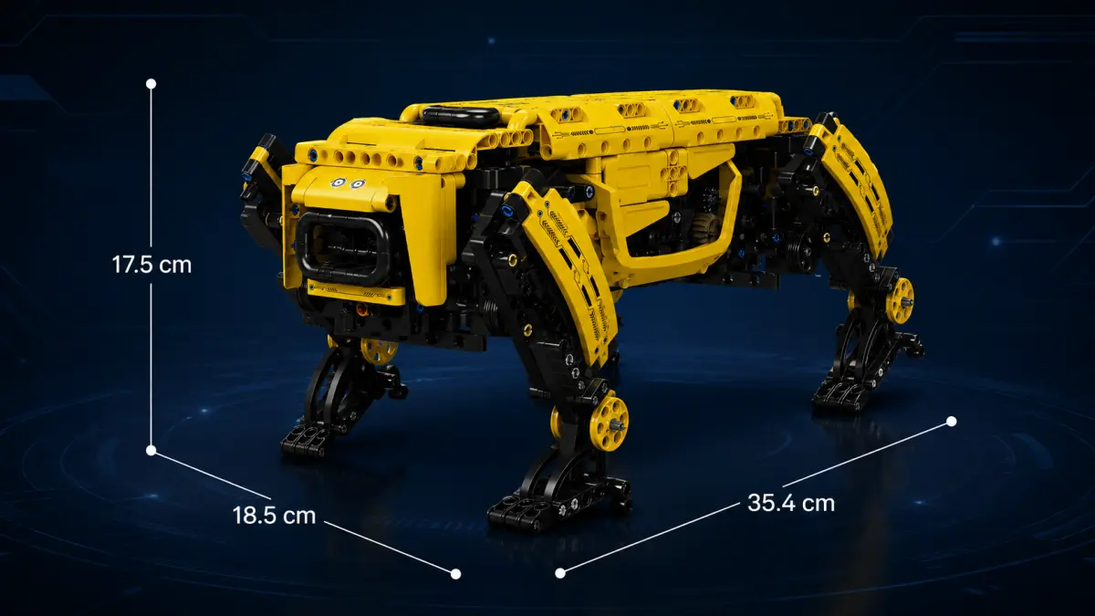 Yellow four-legged brick-built robot with marked dimensions on a dark background.