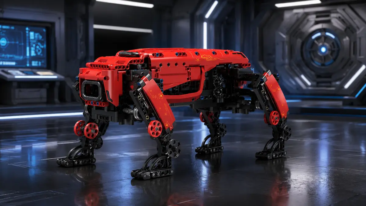 Fütüristik bir laboratuvarda duran kırmızı dört bacaklı blok robotu.