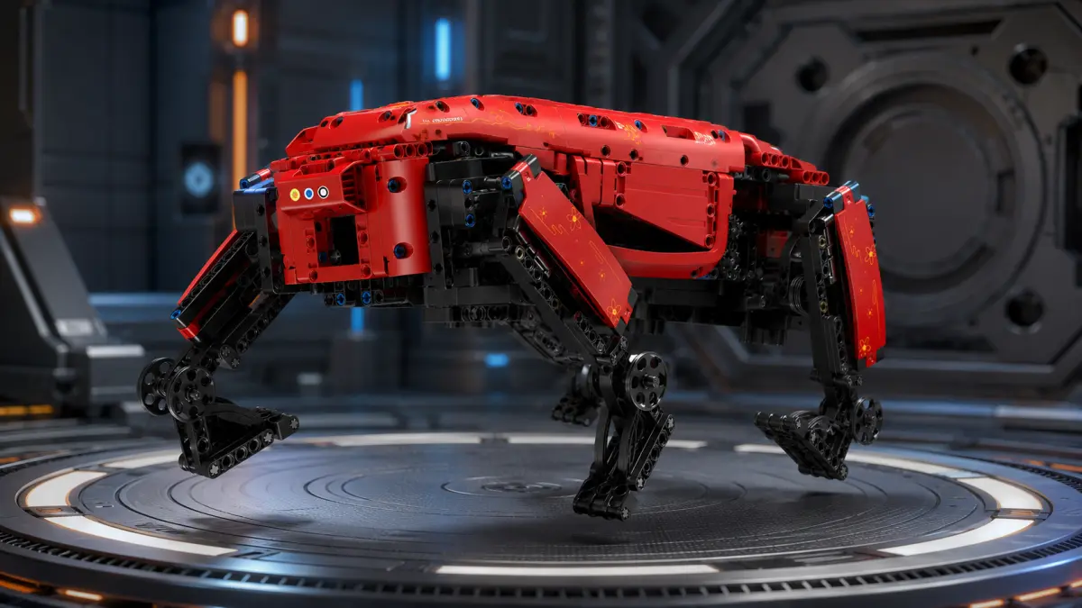 Aydınlatmalı bir laboratuvar platformunda duran dört bacaklı kırmızı blok robot.