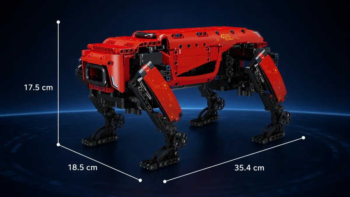 Koyu lacivert bir arka planda sergilenen kırmızı dört bacaklı blok robot.