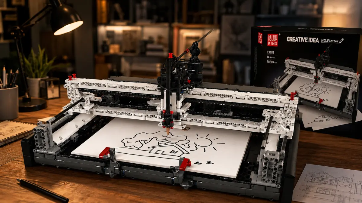 Model CNC plotru z kostek při kreslení na papír na stole.