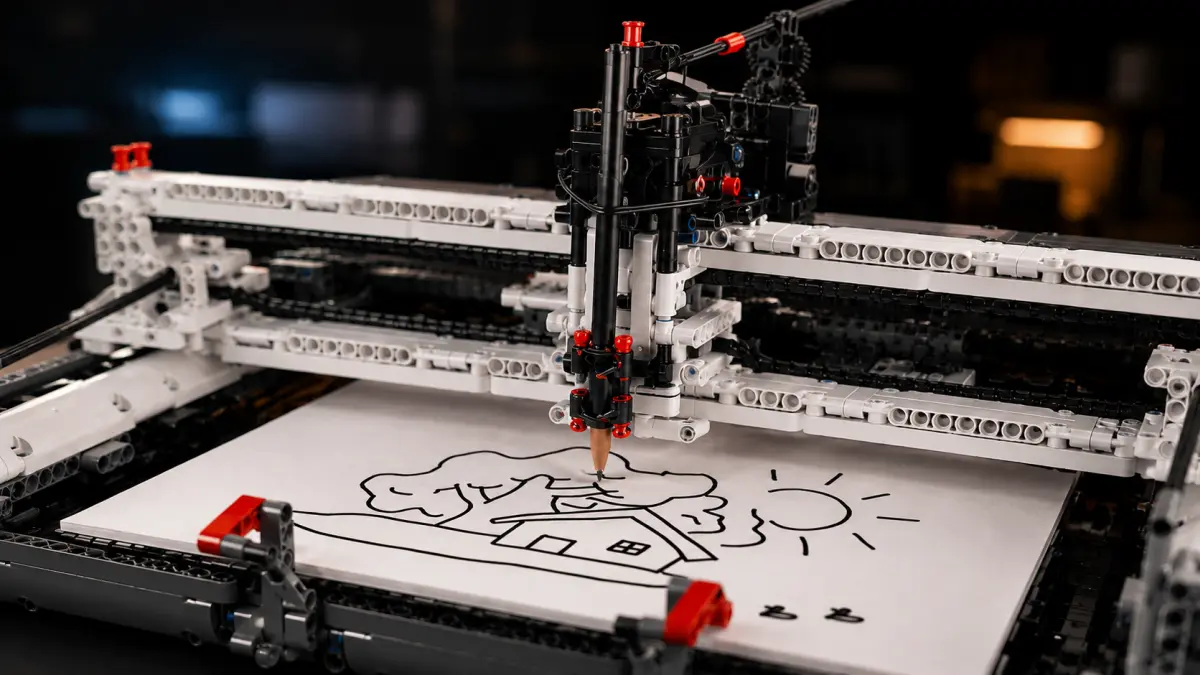 Detail mechanismu plotru z kostek kreslícího grafiku na papír.