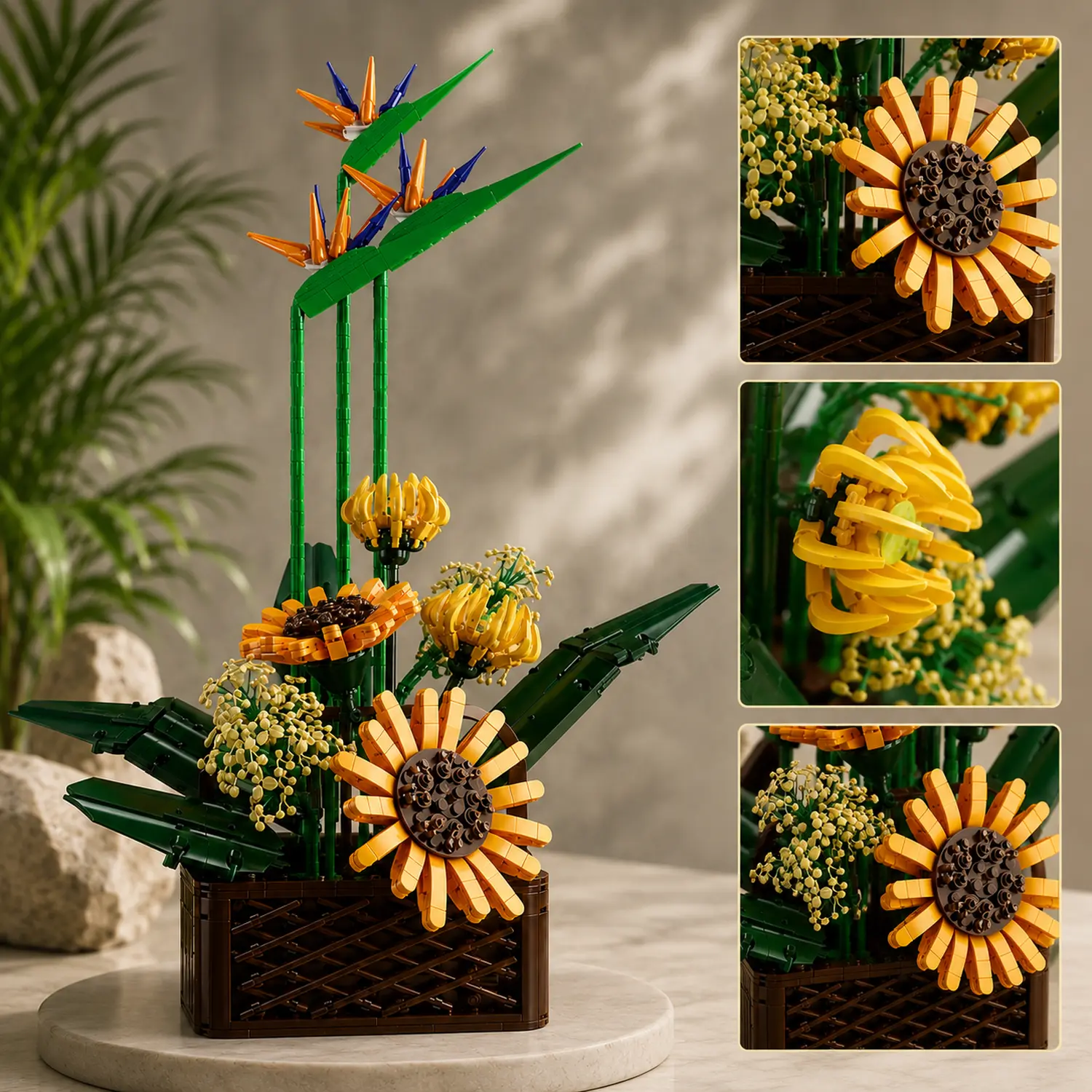 Buqu&ecirc; de flores de blocos com detalhes de girass&oacute;is, bot&otilde;es amarelos e folhas verdes