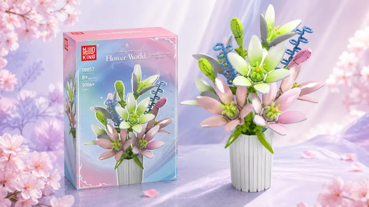 Set di mattoncini con bouquet di fiori pastello in un vaso bianco su uno sfondo delicato