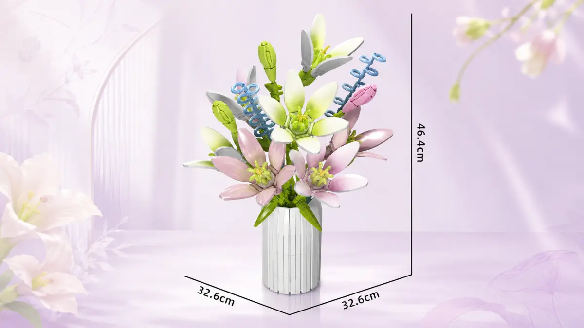 Bouquet di fiori pastello in mattoncini in un vaso bianco con linee dimensionali