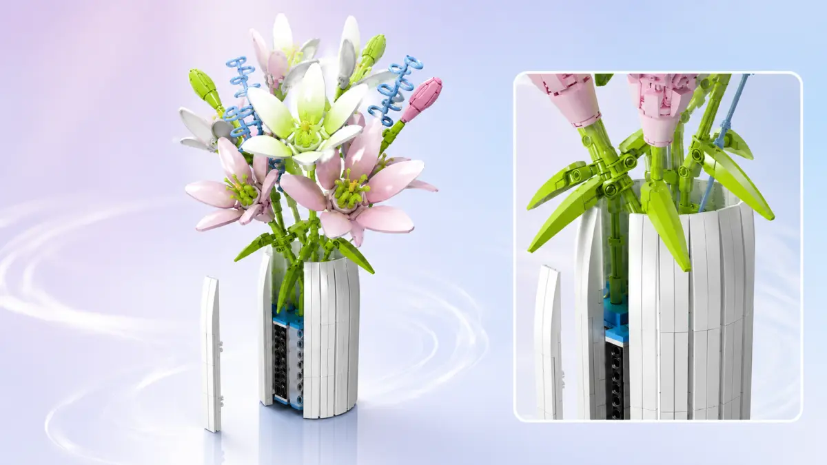 Bouquet di mattoncini in un vaso bianco aperto che mostra la struttura degli steli e della base