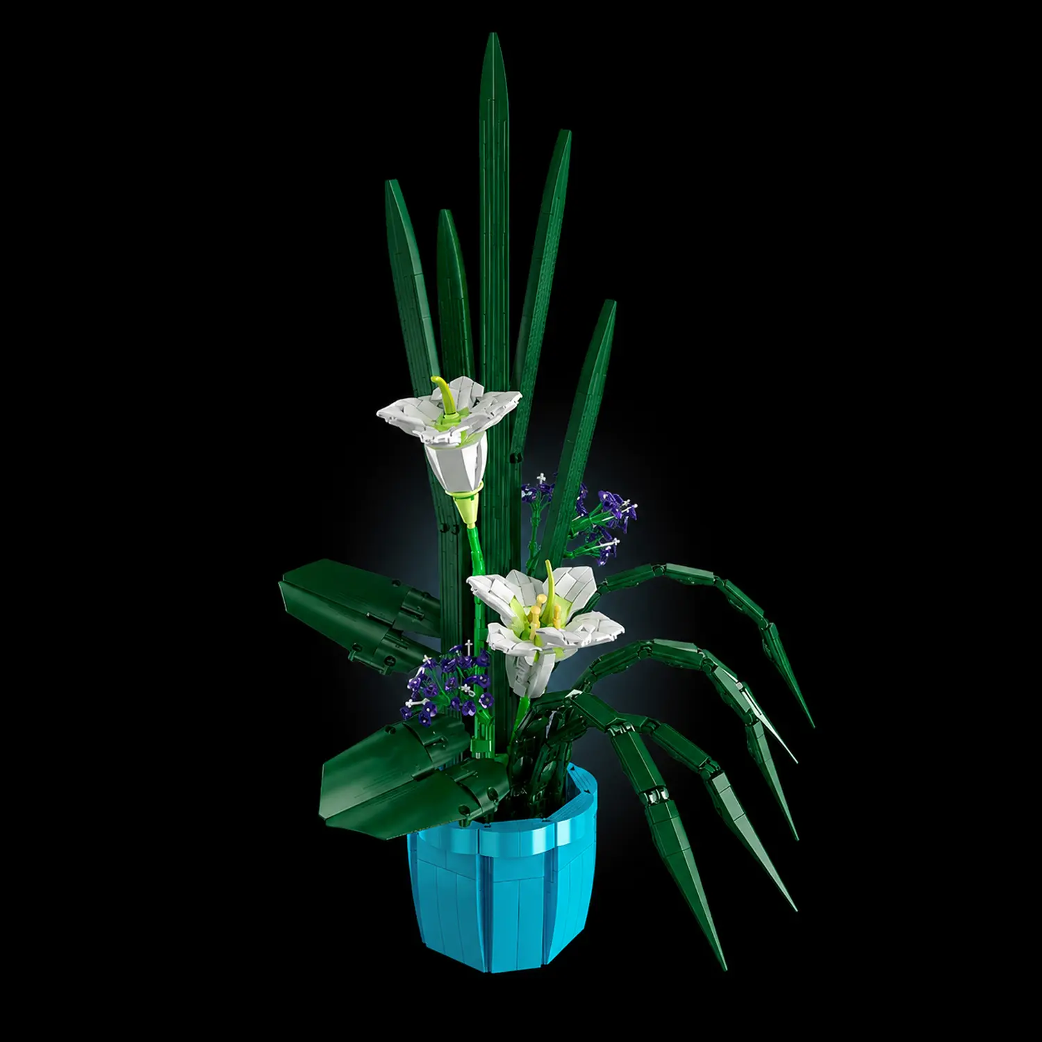 Modelo de lírios de blocos com flores brancas, detalhes roxos e folhas verdes num vaso