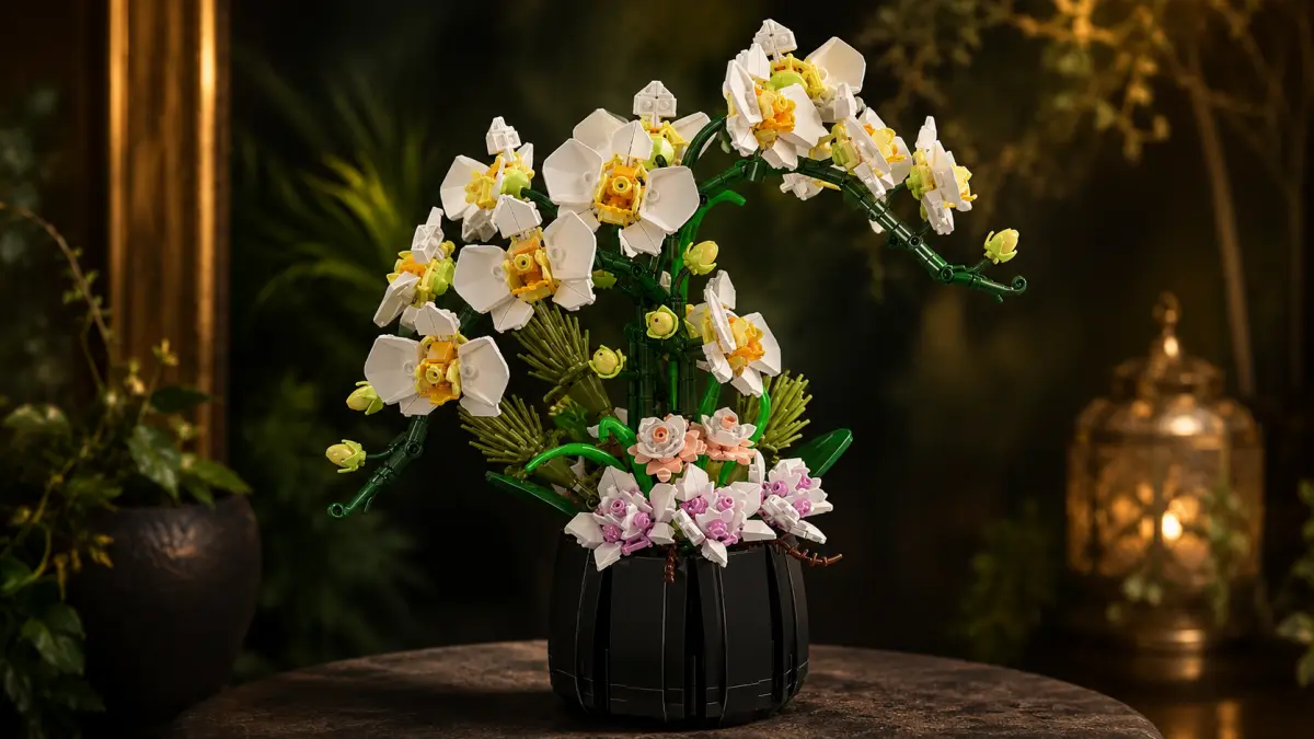 Orqu&iacute;dea branca de blocos num vaso preto sobre uma mesa num jardim atmosf&eacute;rico