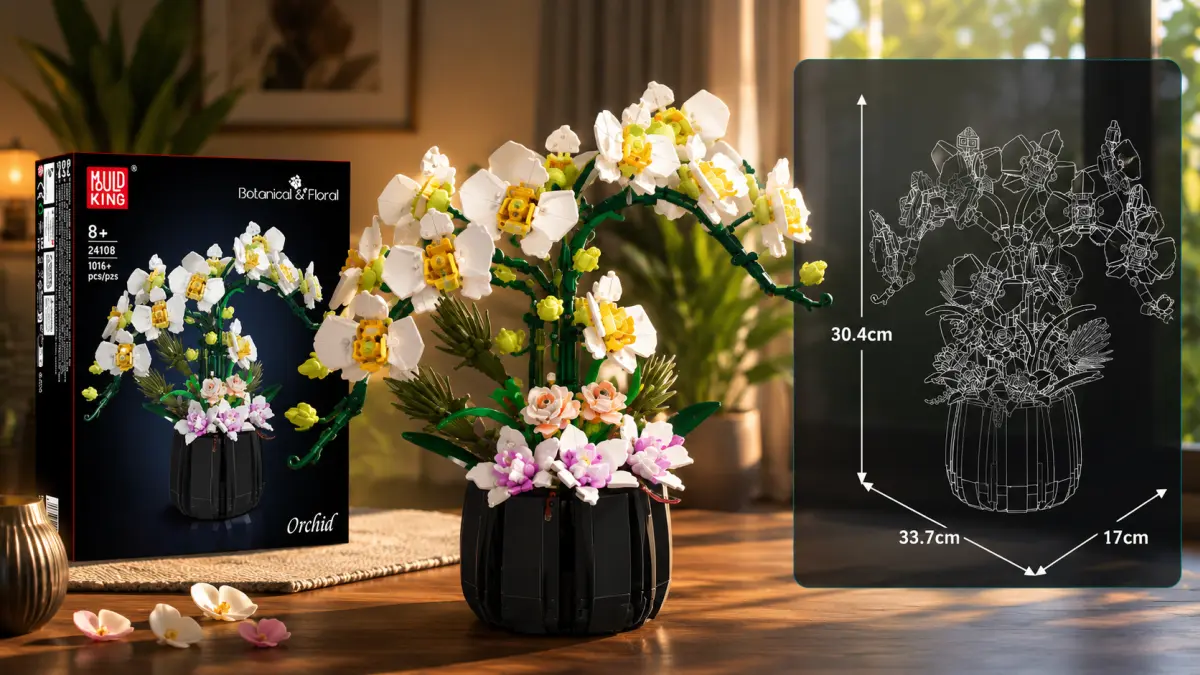 Orqu&iacute;dea de blocos num vaso preto ao lado da embalagem e do esquema de dimens&otilde;es