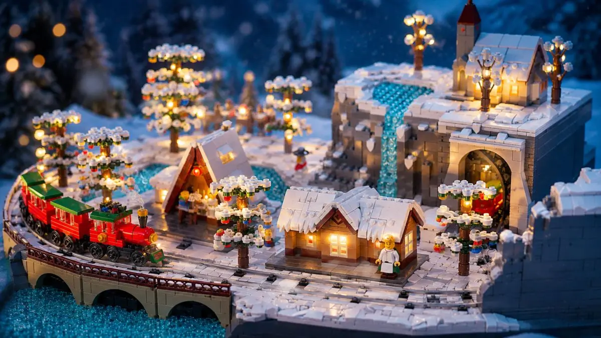 Primer plano de un pueblo invernal de bloques con casitas iluminadas, túnel y un tren rojo.
