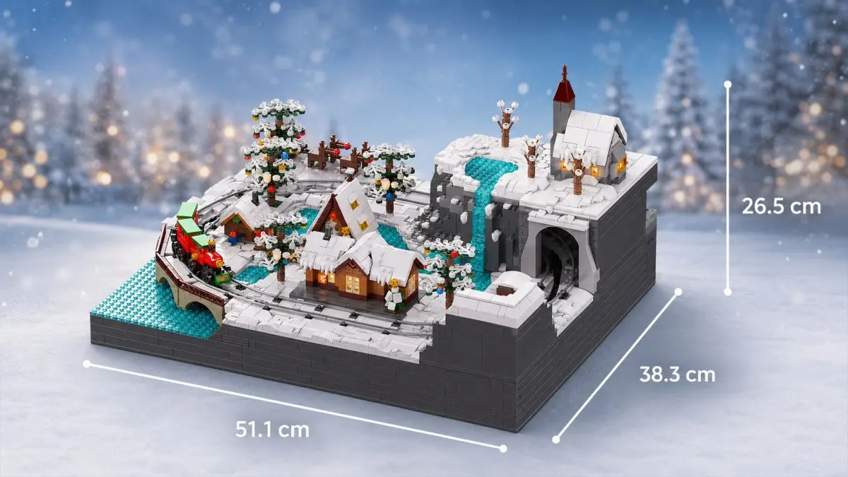 Maqueta de un pueblo invernal de bloques con las dimensiones marcadas 51,1 × 38,3 × 26,5 cm.