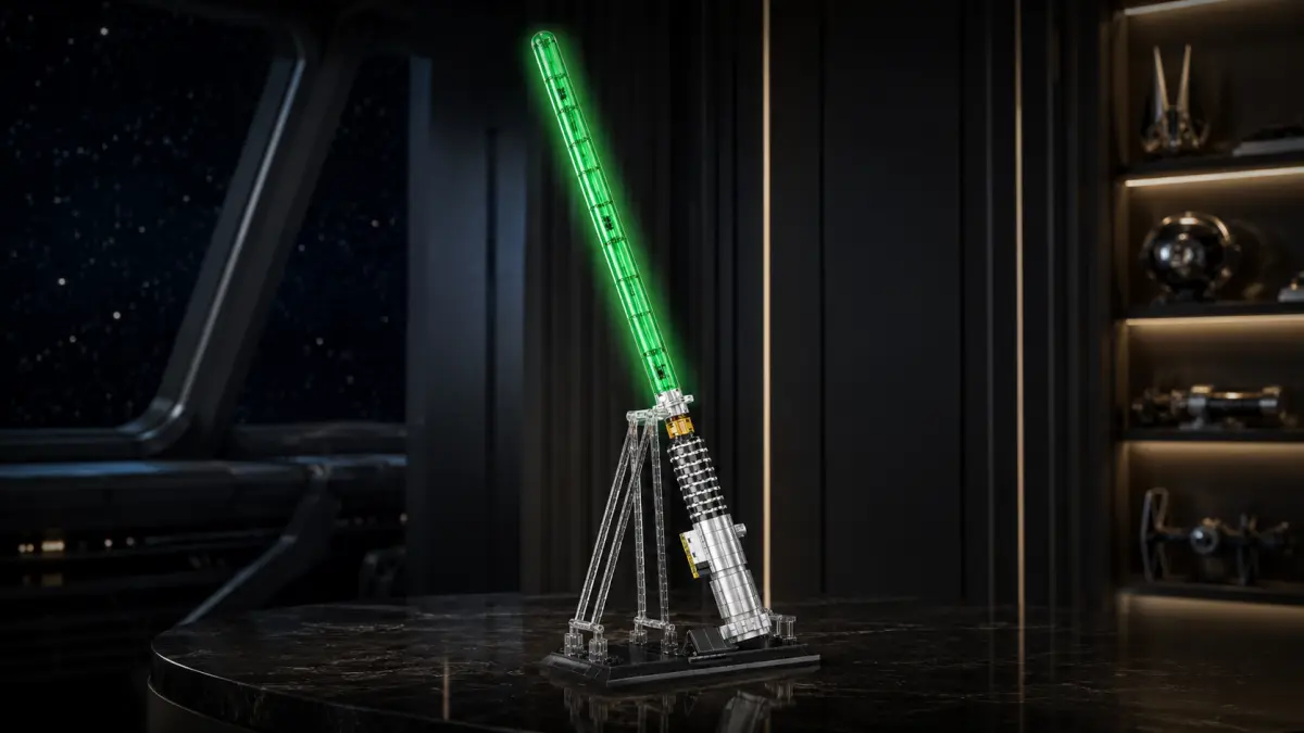 Modello in mattoncini di una spada laser verde su base in un interno futuristico scuro