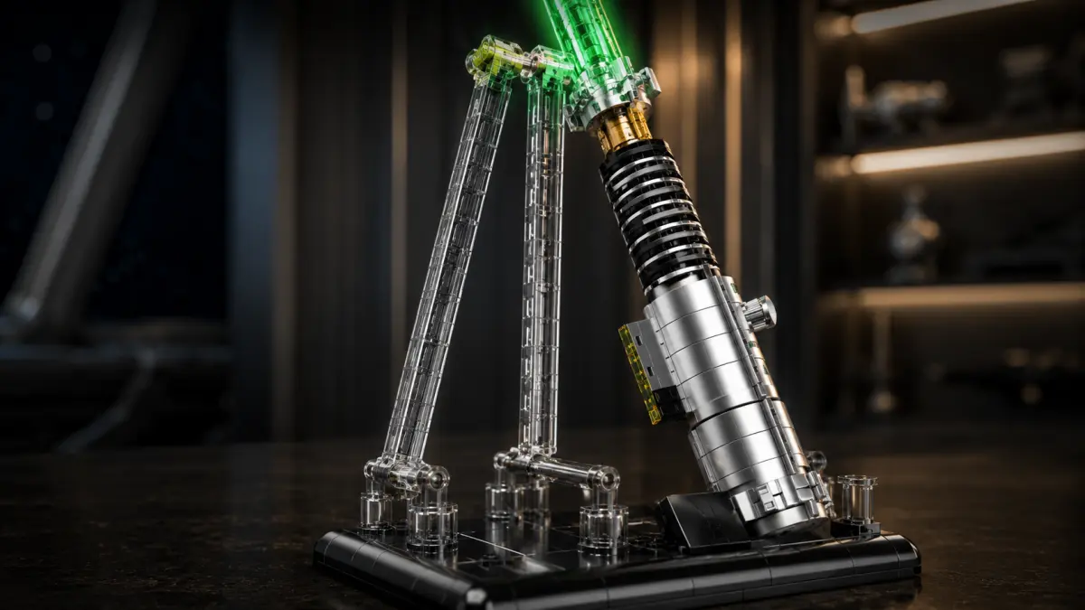 Primo piano dell'elsa della spada laser in mattoncini con lama verde e supporto trasparente