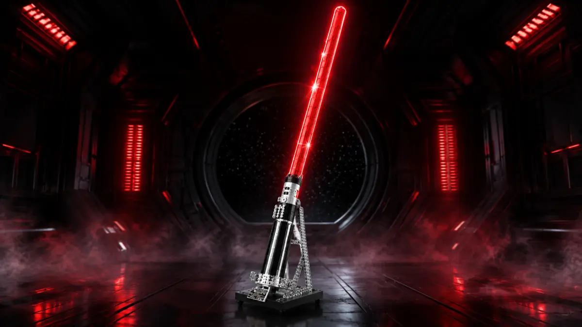 Sabre de luz vermelho de blocos num suporte num interior sombrio com iluminação vermelha