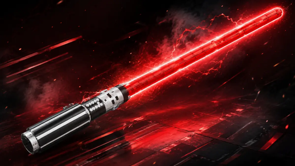 Close-up de um sabre de luz vermelho de blocos com cabo preto e prateado