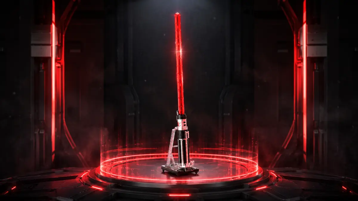 Sabre de luz vermelho de blocos numa plataforma iluminada num interior futurista