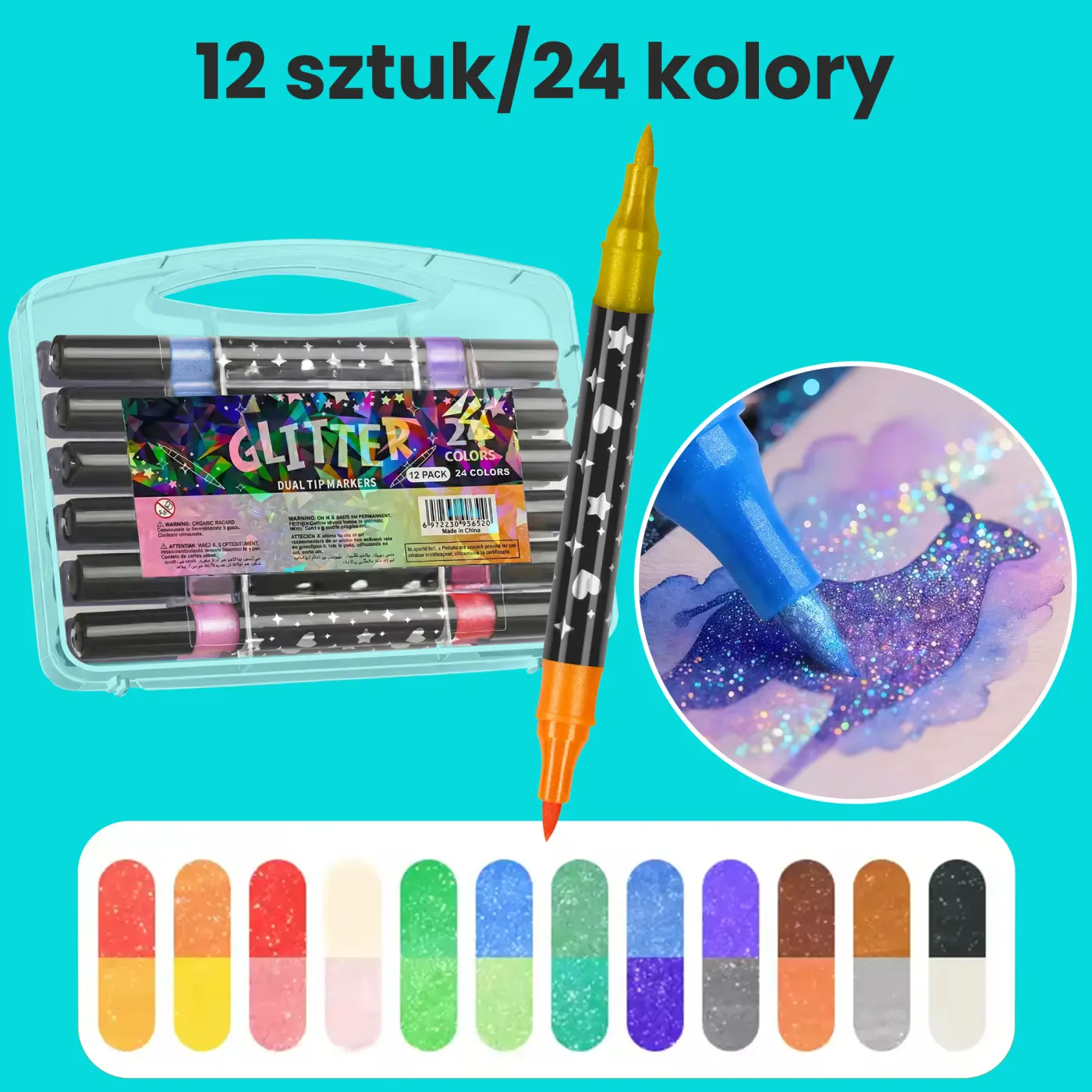 Zestaw 12 marker&oacute;w brokatowych 24 kolory