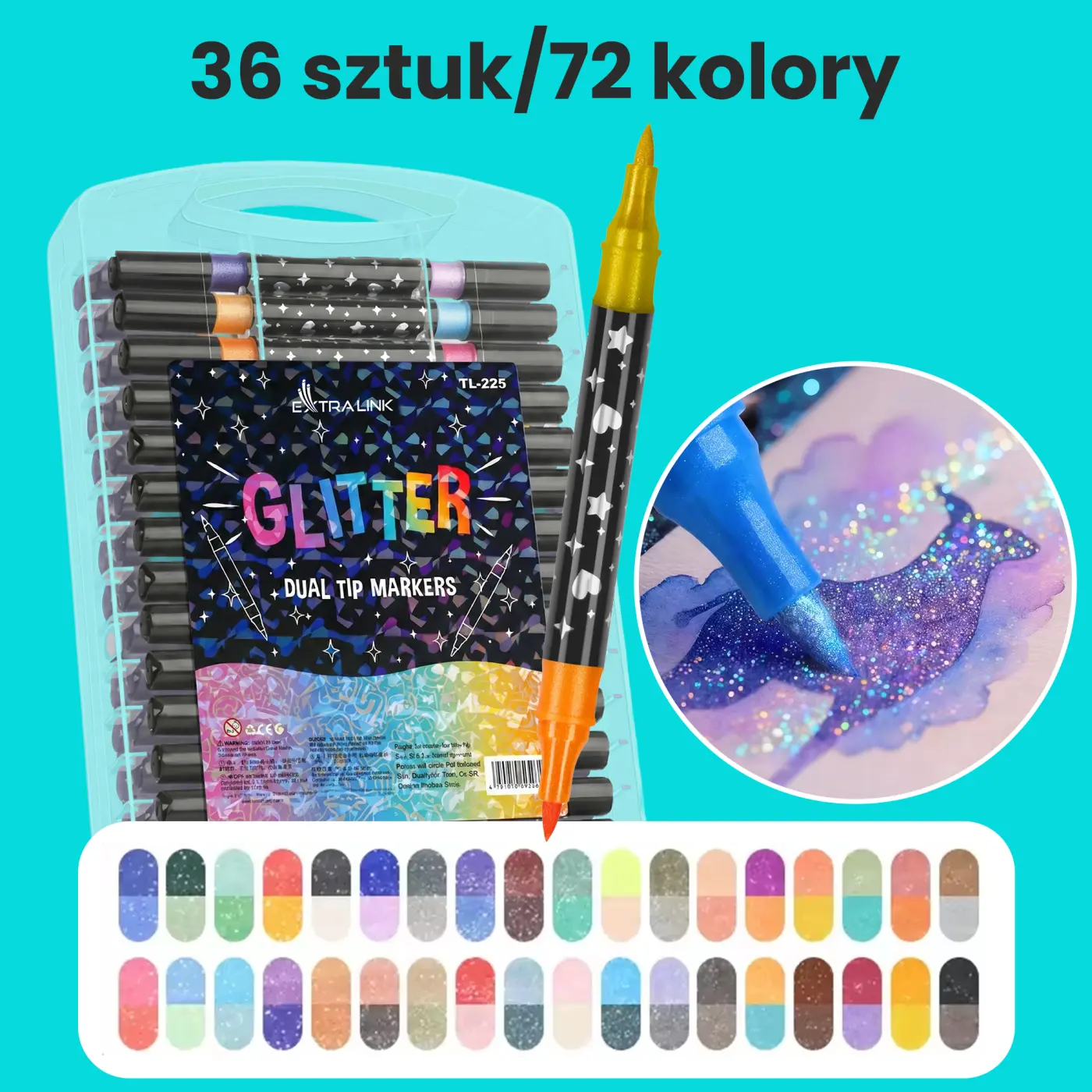 Zestaw 36 markerów brokatowych 72 kolory