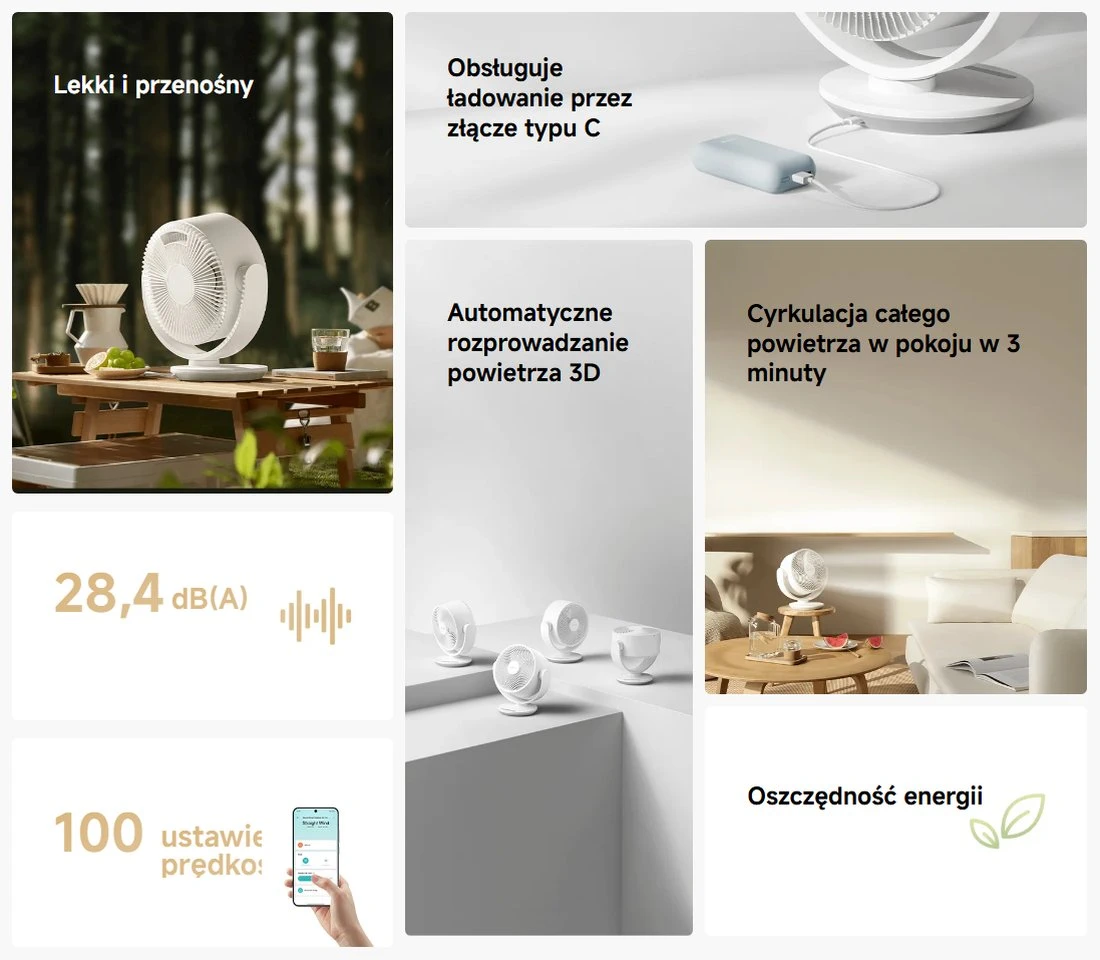 Collage de ventajas del producto: ligero, carga USB-C, movimiento 3D, circulación en 3 min, silencioso (28,4 dB), 100 velocidades en la app, eficiente energéticamente