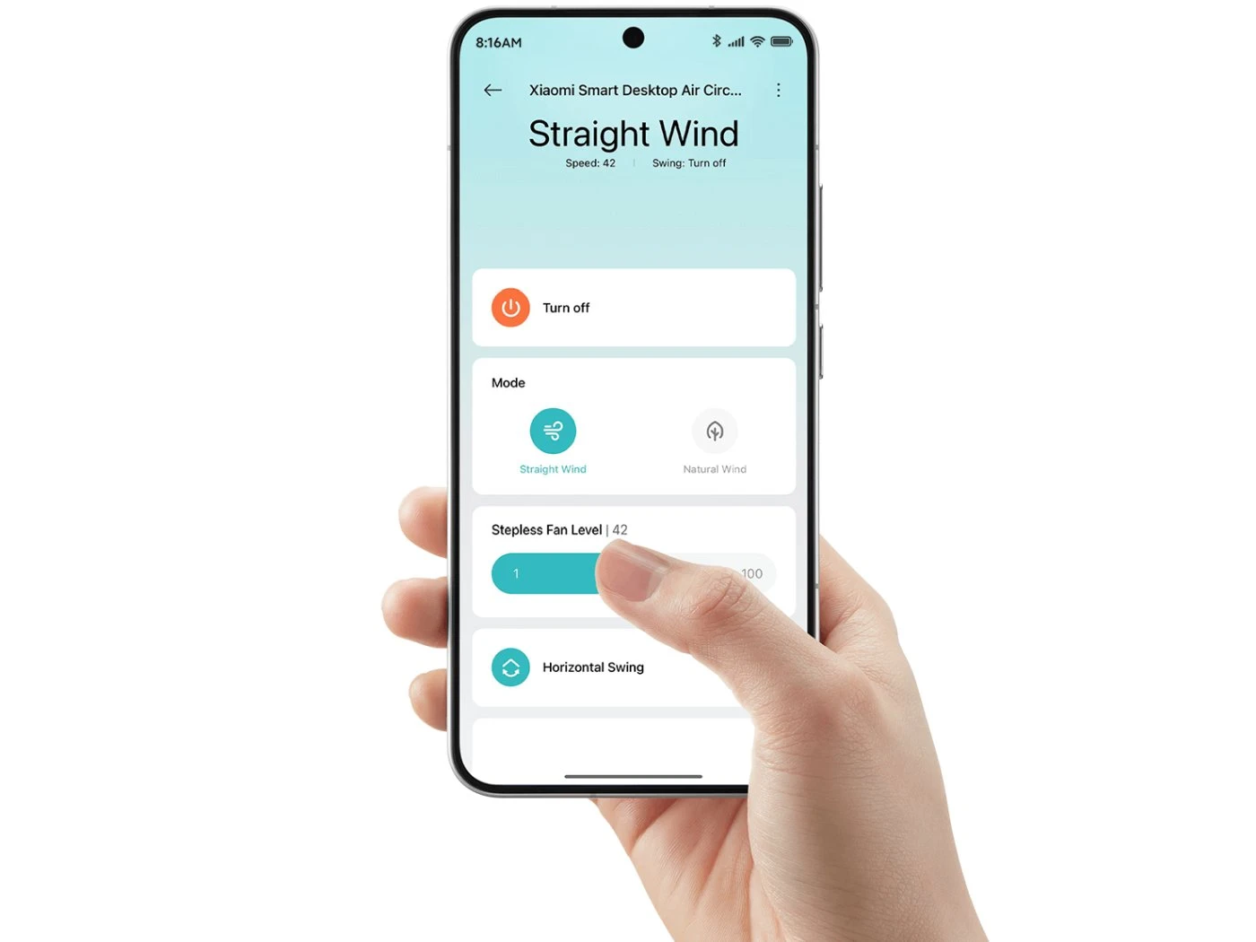 Smartphone con la aplicación Xiaomi Home mostrando el panel de control del circulador con el modo Straight Wind seleccionado