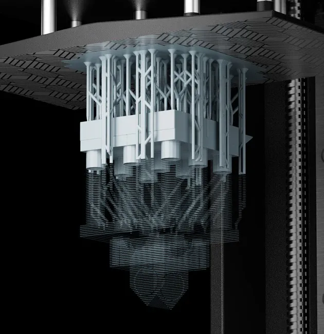 Wizualizacja modelu 3D z naniesionymi warstwami i strukturą podpór pod platformą roboczą