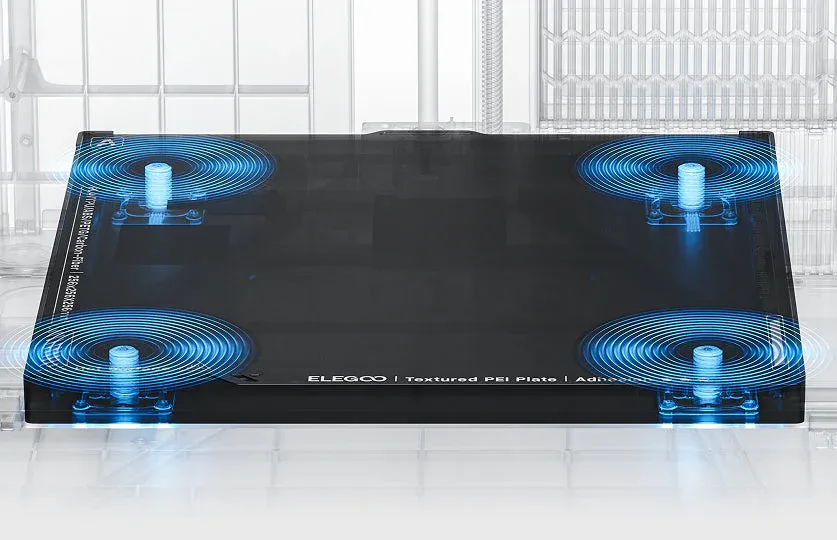 Płyta robocza drukarki 3D z zaznaczonymi czterema punktami mocowania i falami magnetycznymi