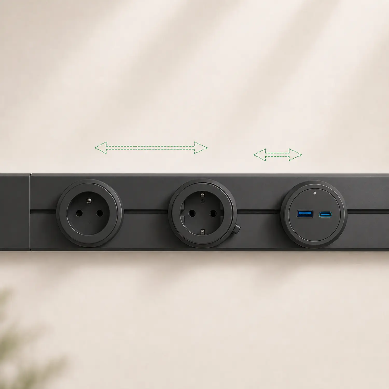 Czarna listwa zasilająca z gniazdami oraz portami USB i USB-C.