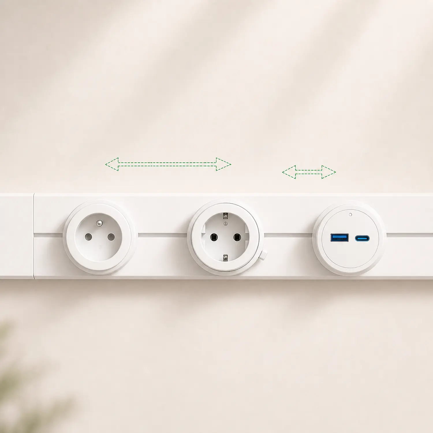 Listwa zasilająca z białymi adapterami USB i USB-C oraz regulowanym odstępem między modułami
