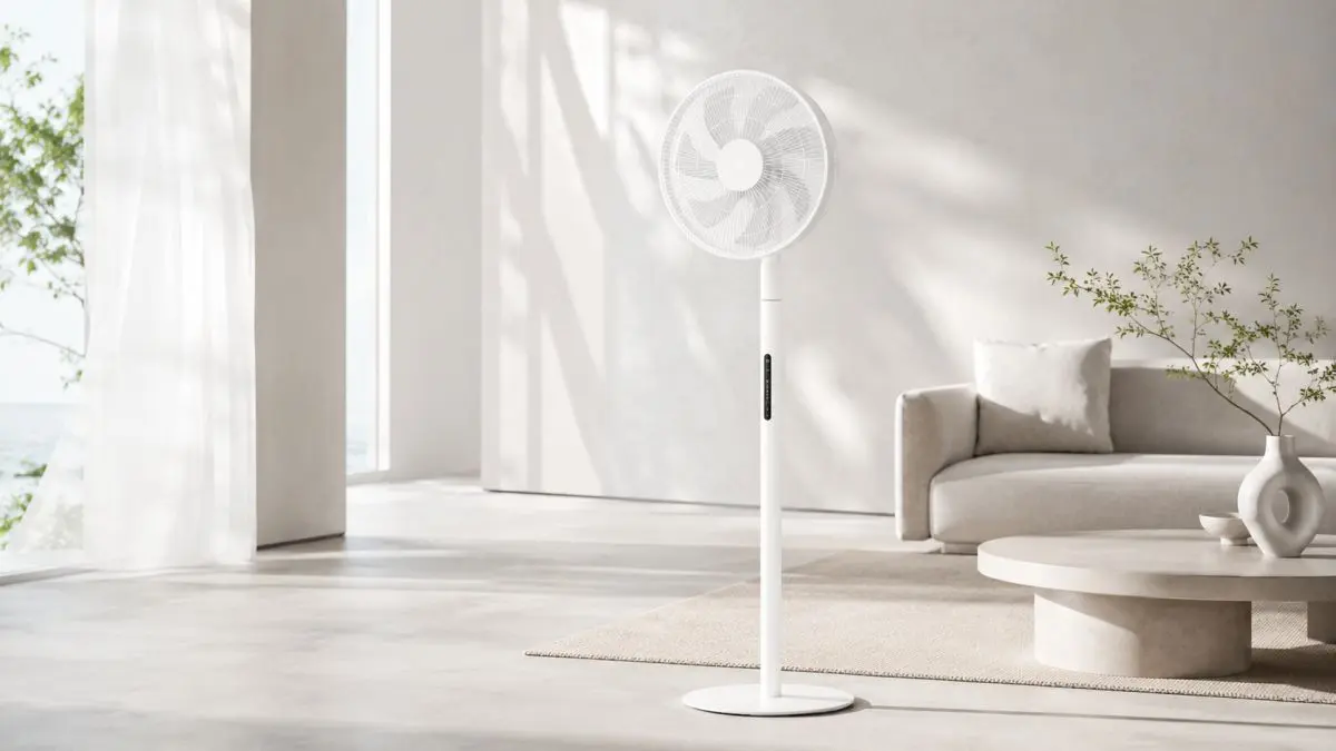 Ventilador de p&eacute; branco numa sala de estar clara com sof&aacute;, mesa e uma grande janela
