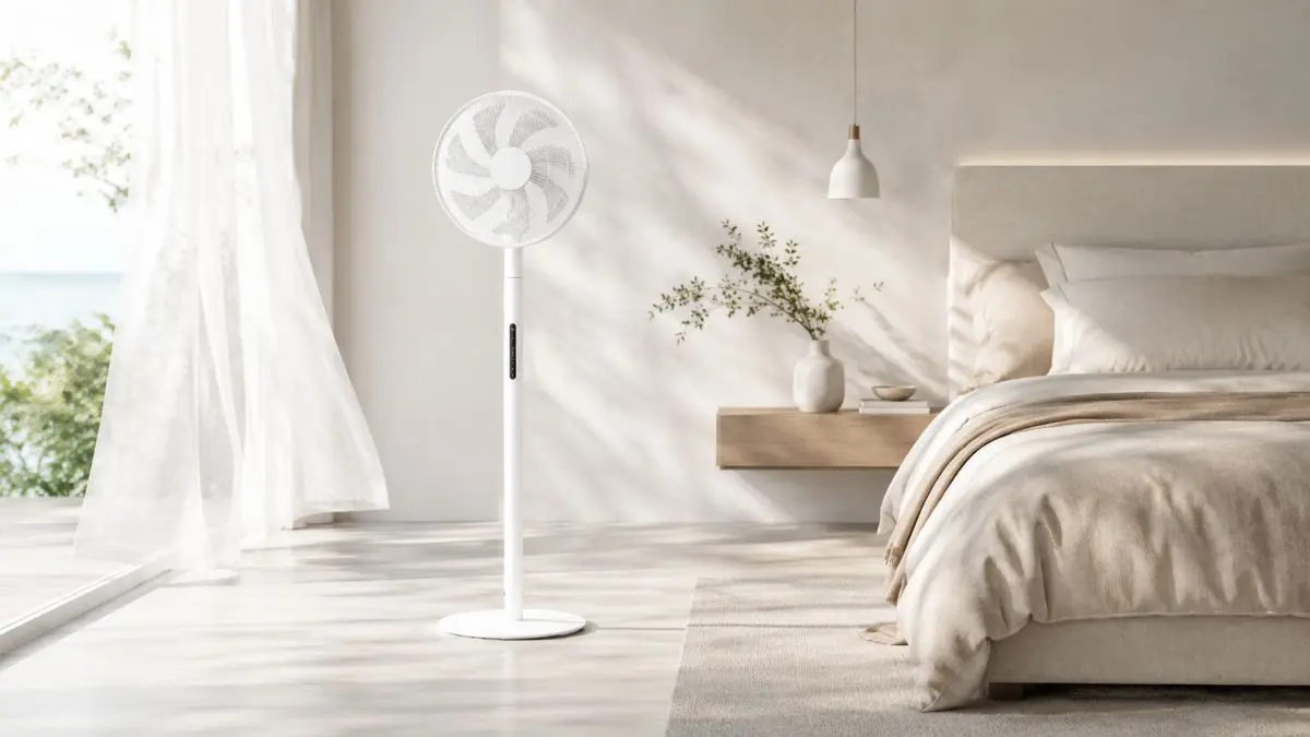 Ventilador de p&eacute; branco junto &agrave; cama num quarto claro com uma grande janela
