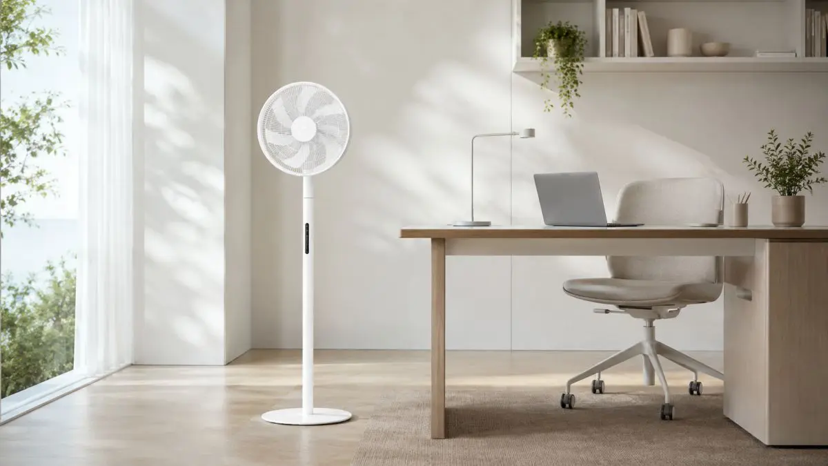 Ventilador de p&eacute; branco ao lado de uma secret&aacute;ria num escrit&oacute;rio dom&eacute;stico claro