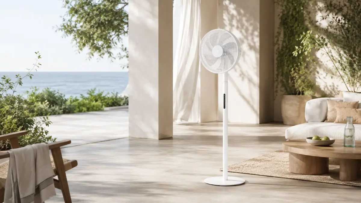 Ventilador de p&eacute; branco na sala de estar com vista para o mar e vegeta&ccedil;&atilde;o pela janela